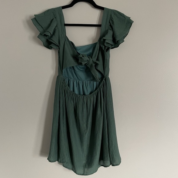 Women's Flutter Sleeve Mini Dress Hunter Green Size S Tie‎ Back Fairy Party Soft - Picture 6 of 14